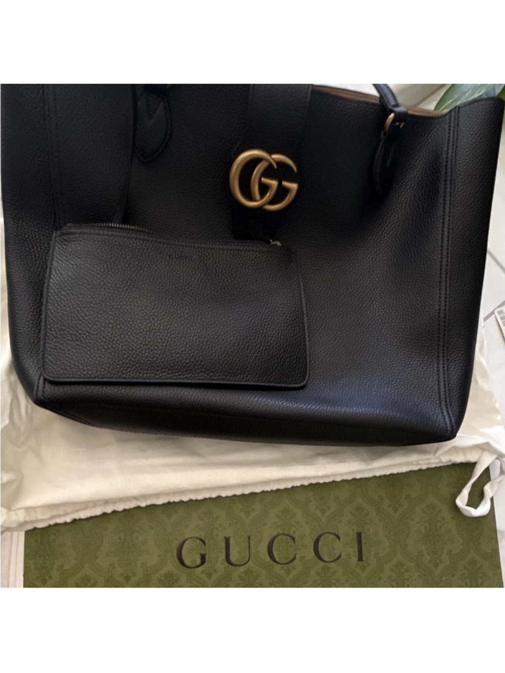 Gucci Black Leather Tote with Gold GG Emblem